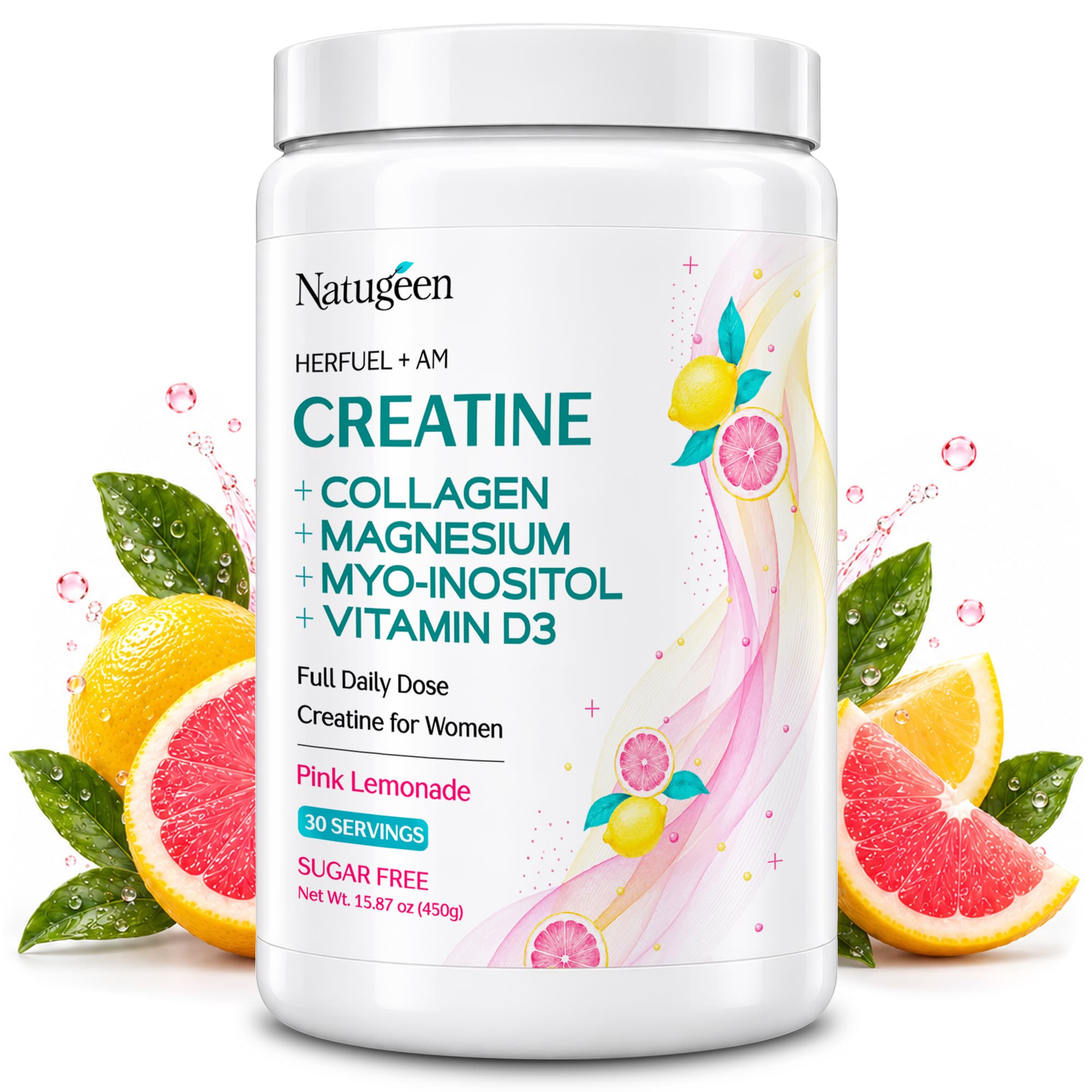 NATUGEEN HerFuel AM Creatine for Women, Sugar-Free Pink Lemonade, 30 servings