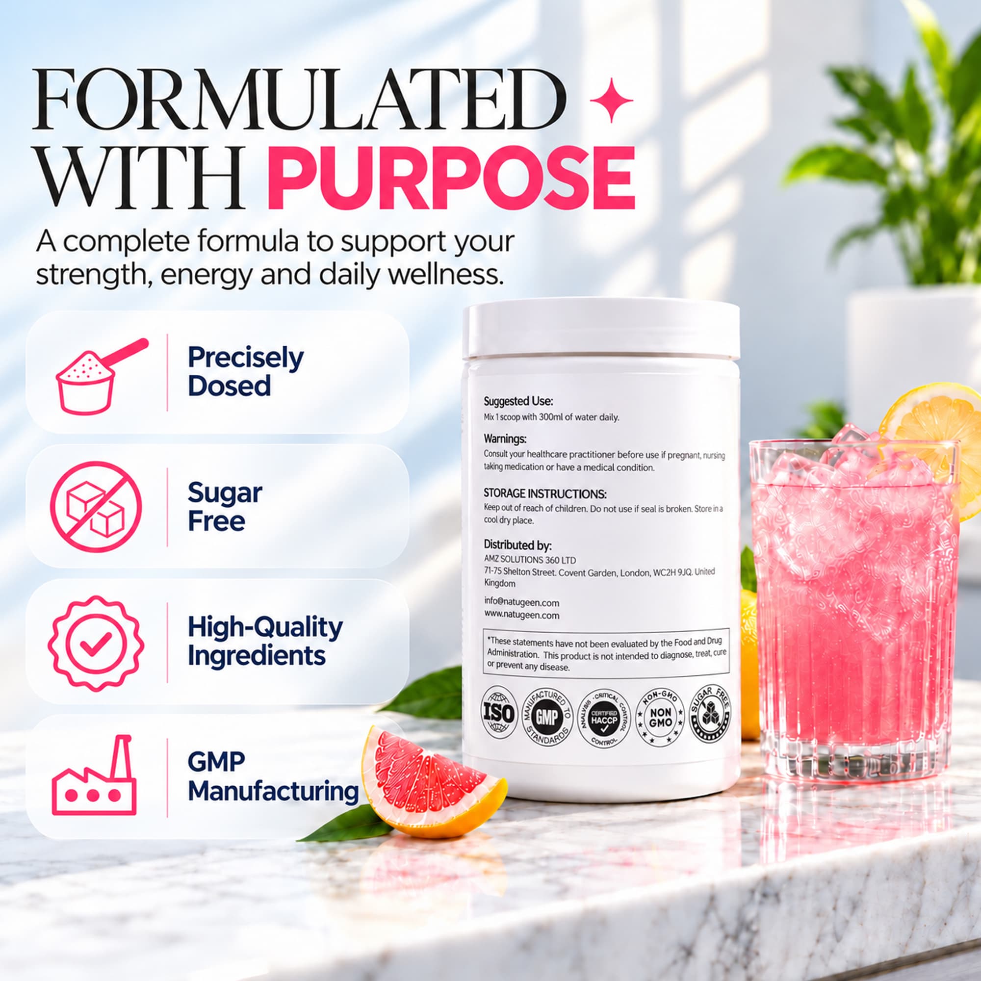 Back label of HerFuel AM with suggested use, warnings and quality seals, next to a glass of pink lemonade