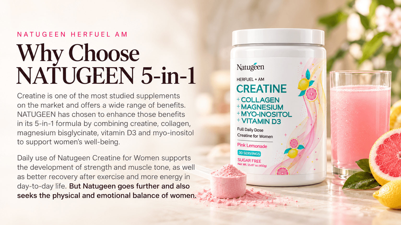 HerFuel AM tub with a scoop of pink lemonade powder, a glass of pink lemonade and grapefruit